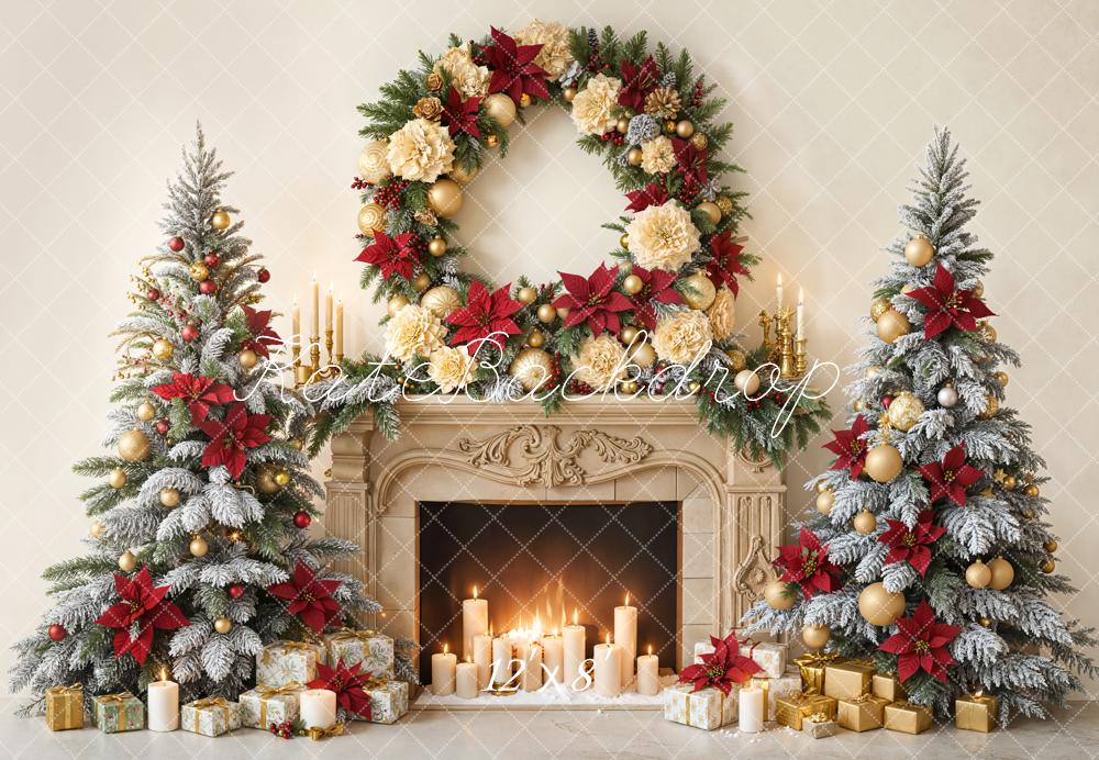 Kate Christmas Fireplace Wreath Candlelight Trees Fleece Backdrop Designed by Emetselch - Image 4