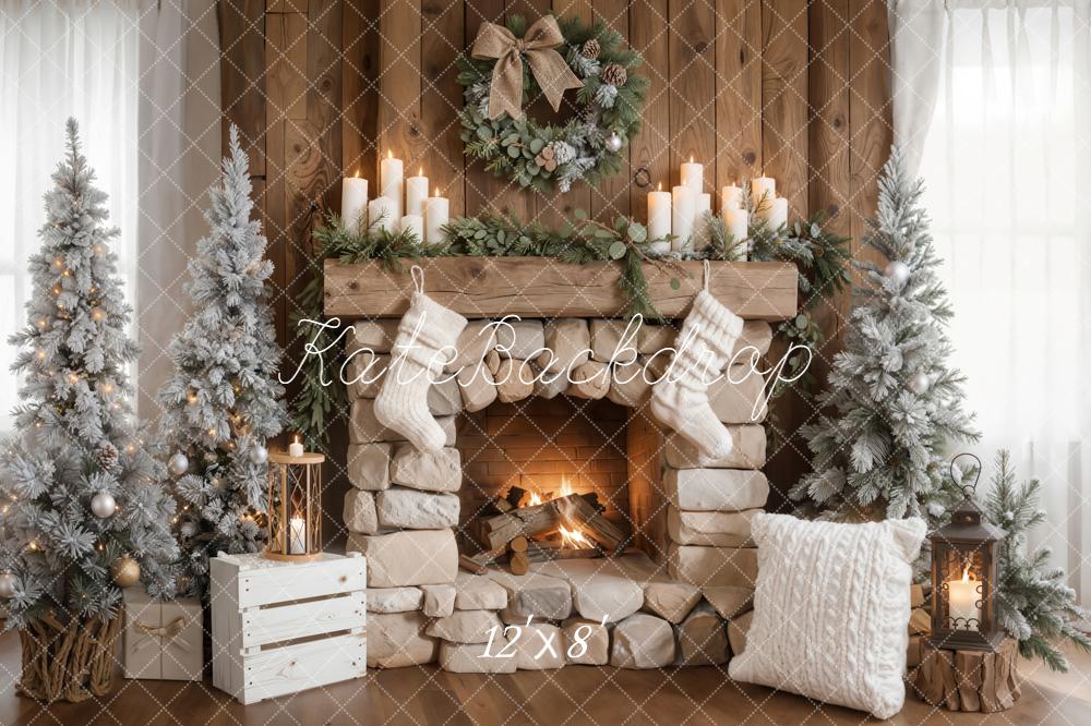 Kate Christmas Fireplace Wreath Stockings Rustic Backdrop Designed by Emetselch - Image 10