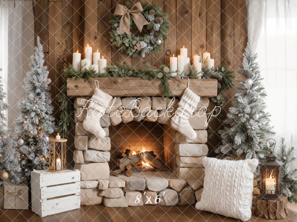 Kate Christmas Fireplace Wreath Stockings Rustic Backdrop Designed by Emetselch - Image 5