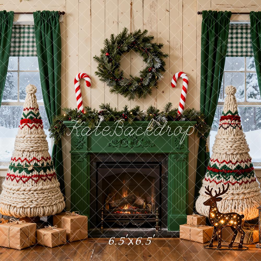 Kate Christmas Fireplace Yarn Trees Presents Backdrop Designed by Emetselch - Image 2
