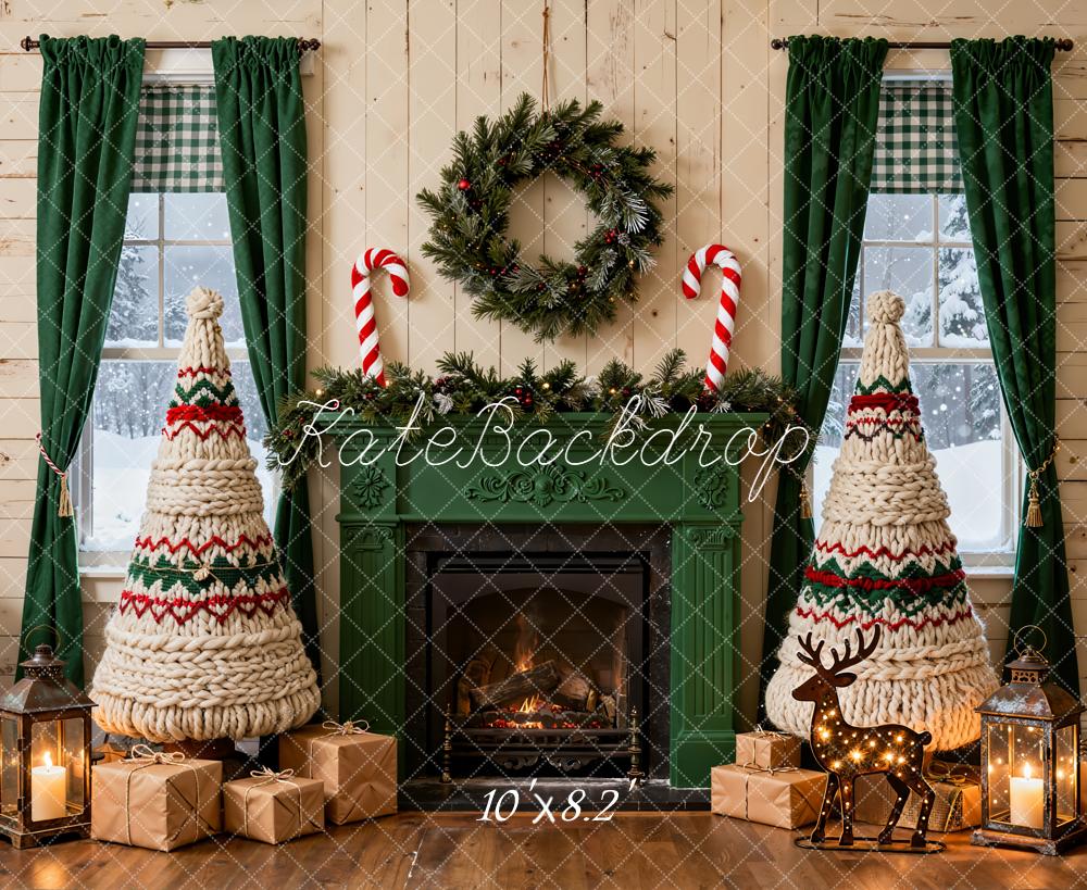 Kate Christmas Fireplace Yarn Trees Presents Backdrop Designed by Emetselch - Image 6