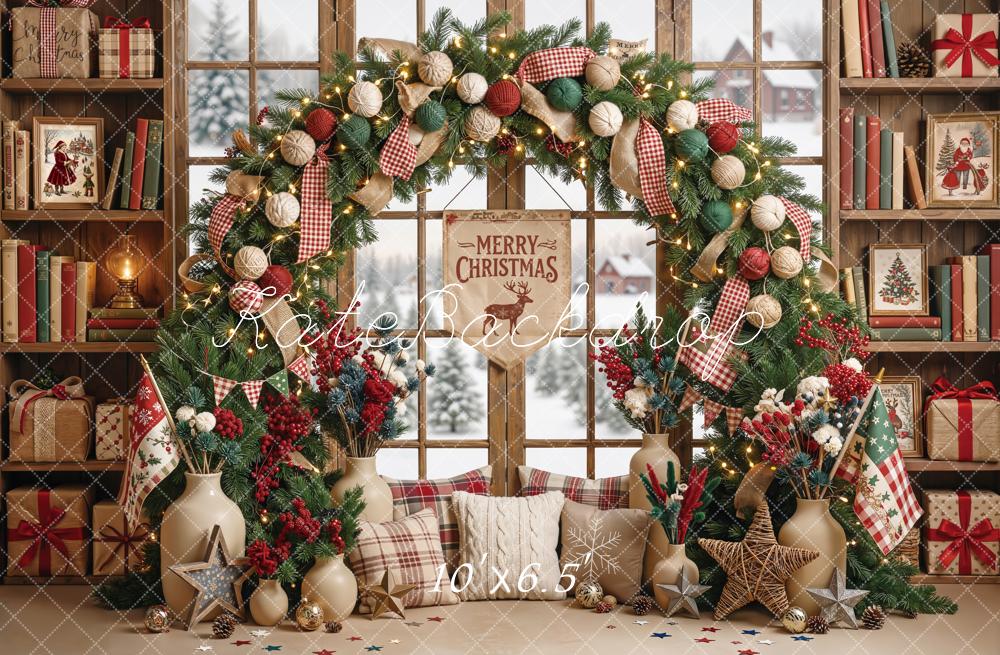 Kate Christmas Floral Arch Bookshelves Window Fleece Backdrop Designed by Emetselch - Image 5