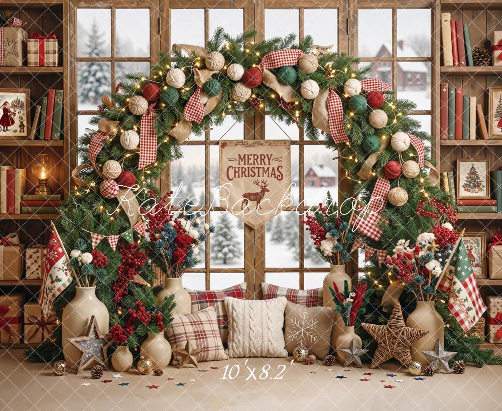 Kate Christmas Floral Arch Bookshelves Window Fleece Backdrop Designed by Emetselch - Image 6