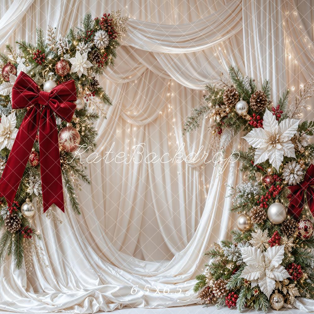 Kate Christmas Floral Arch White Poinsettia Red Bow Backdrop Designed by Emetselch - Image 2