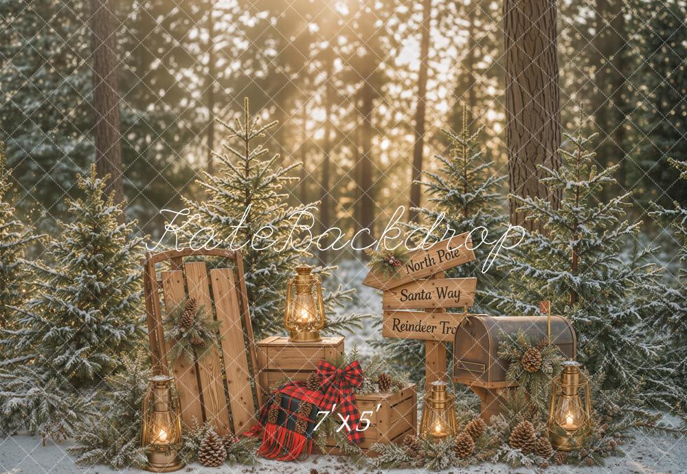 Kate Christmas Forest Lantern Sled Signpost Backdrop Designed by Emetselch
