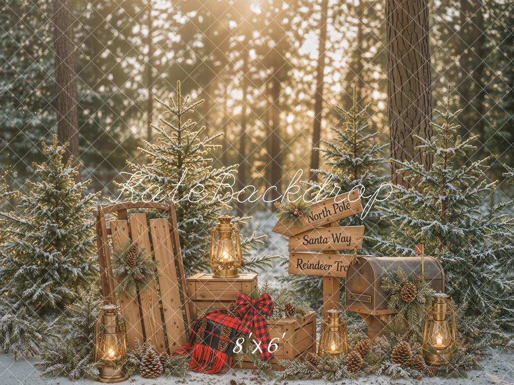 Kate Christmas Forest Lantern Sled Signpost Backdrop Designed by Emetselch - Image 3
