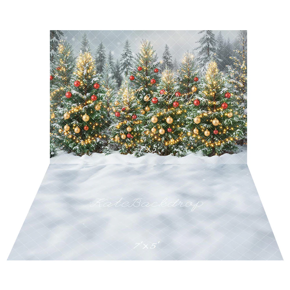 Kate Christmas Trees Forest Ornaments Lights Backdrop+Snowy White Texture Floor Backdrop