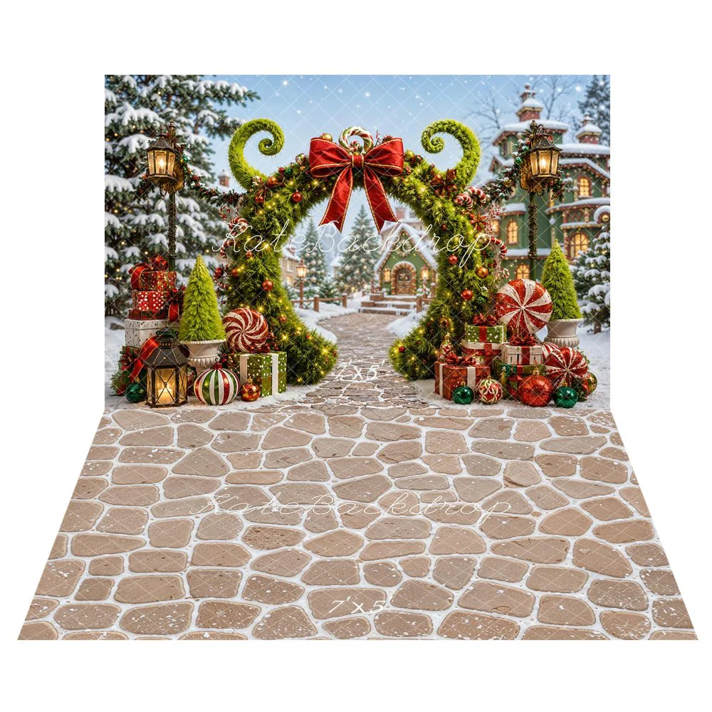 Kate Christmas Garland Arch Candy Presents Snowy Village Backdrop+Cobblestone Beige Texture Backdrop