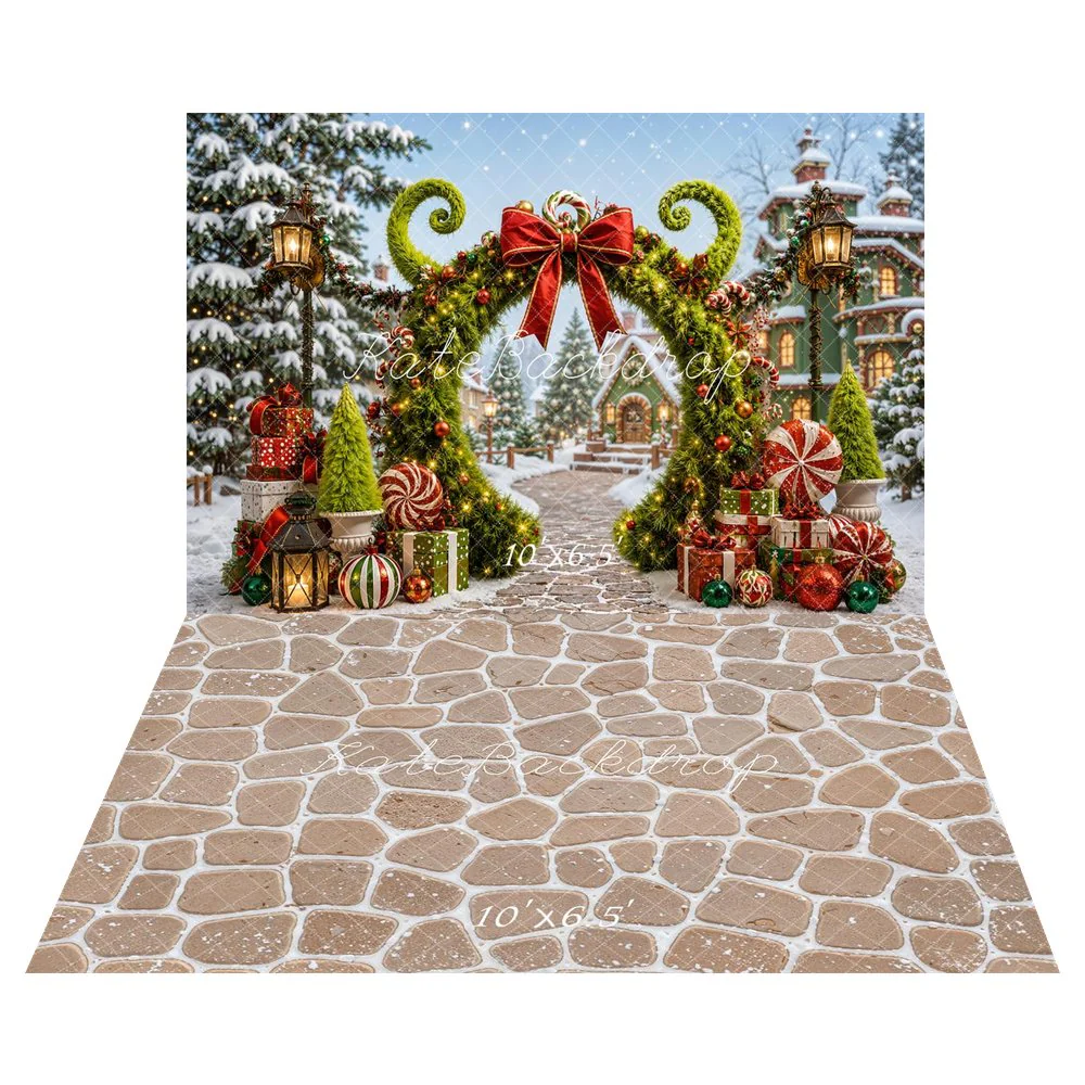 Kate Christmas Garland Arch Candy Presents Snowy Village Backdrop+Cobblestone Beige Texture Backdrop - Image 3
