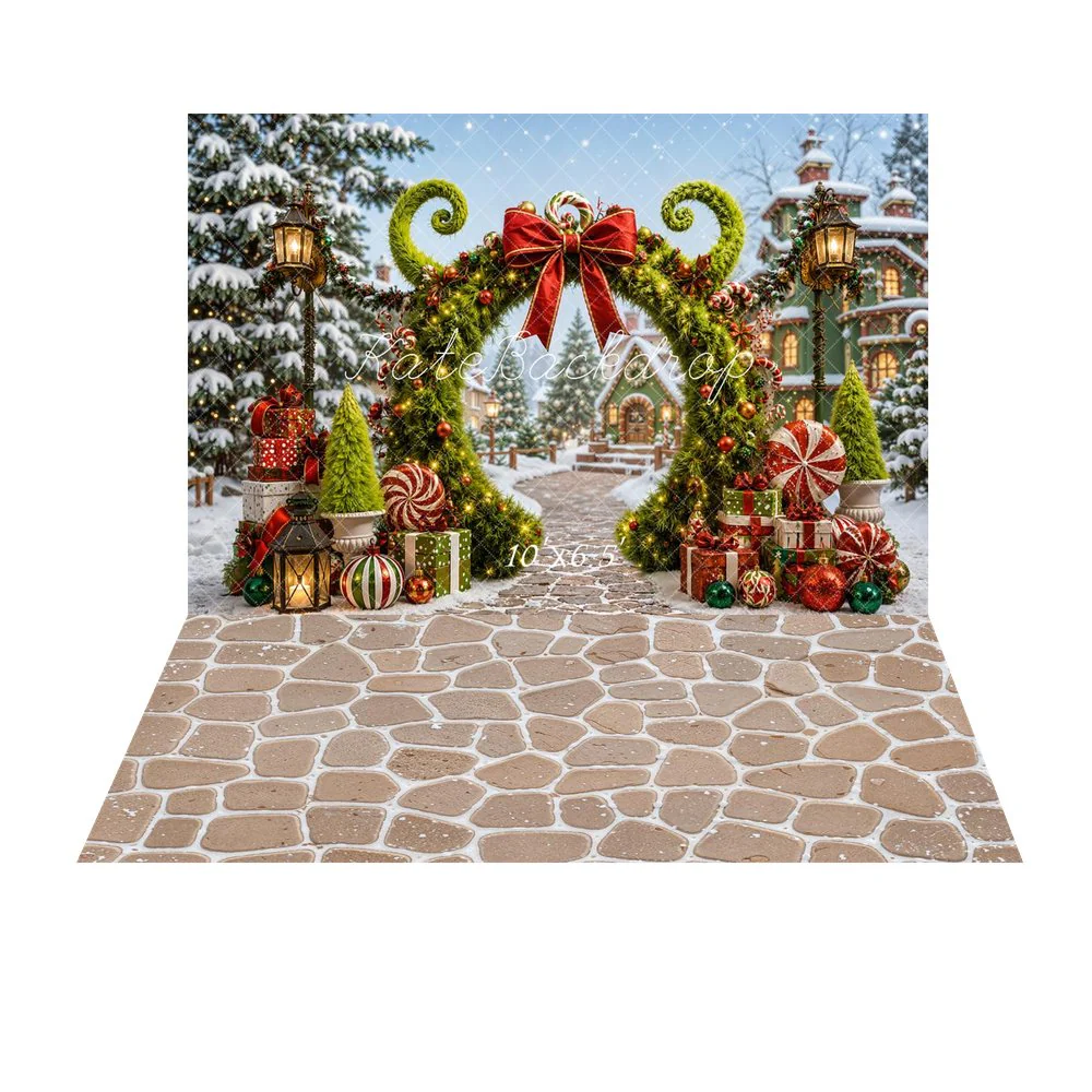 Kate Christmas Garland Arch Candy Presents Snowy Village Backdrop+Cobblestone Beige Texture Backdrop - Image 4
