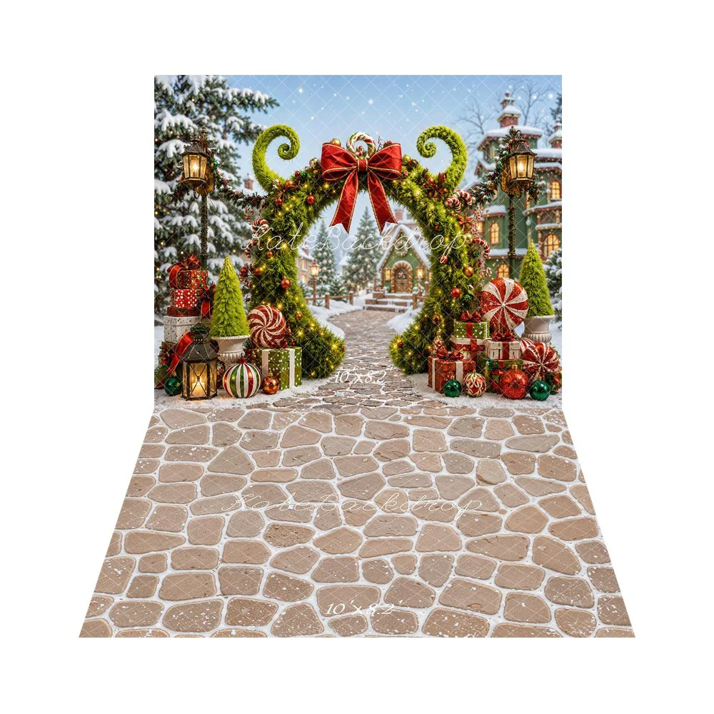 Kate Christmas Garland Arch Candy Presents Snowy Village Backdrop+Cobblestone Beige Texture Backdrop - Image 5