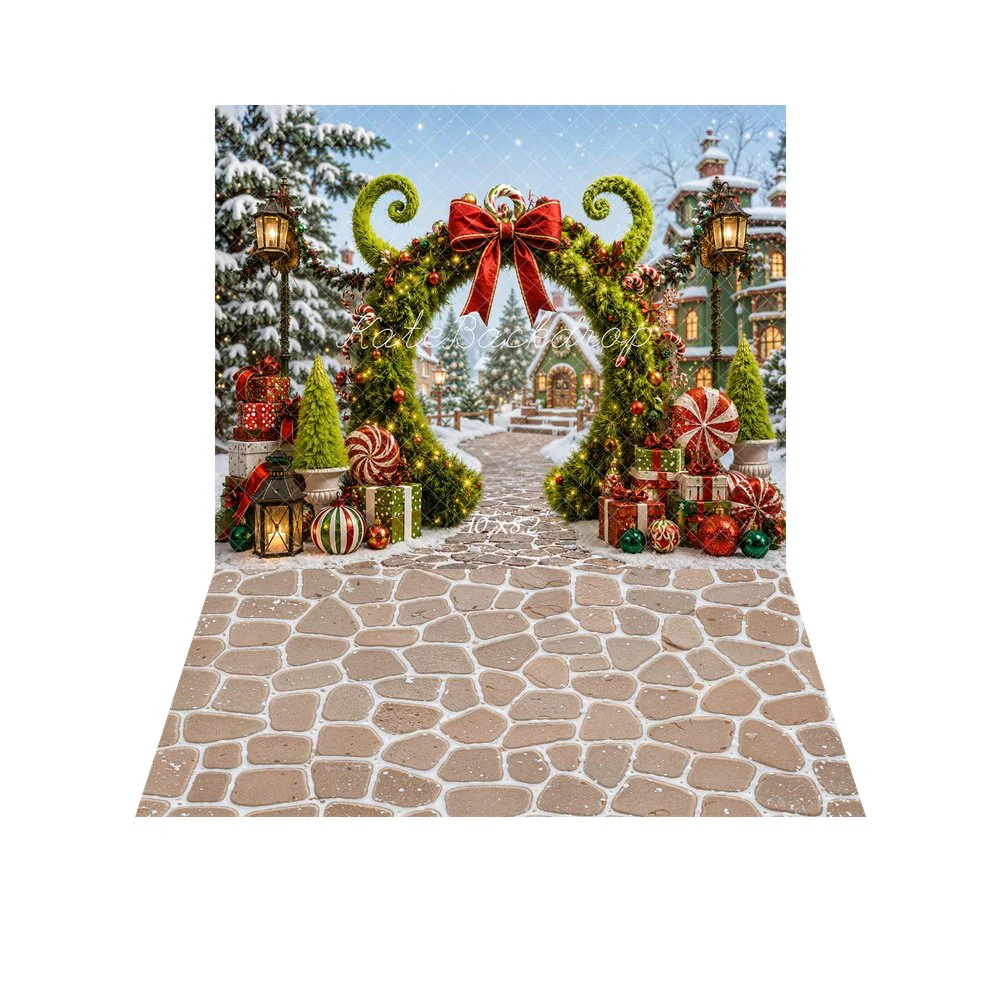 Kate Christmas Garland Arch Candy Presents Snowy Village Backdrop+Cobblestone Beige Texture Backdrop - Image 6