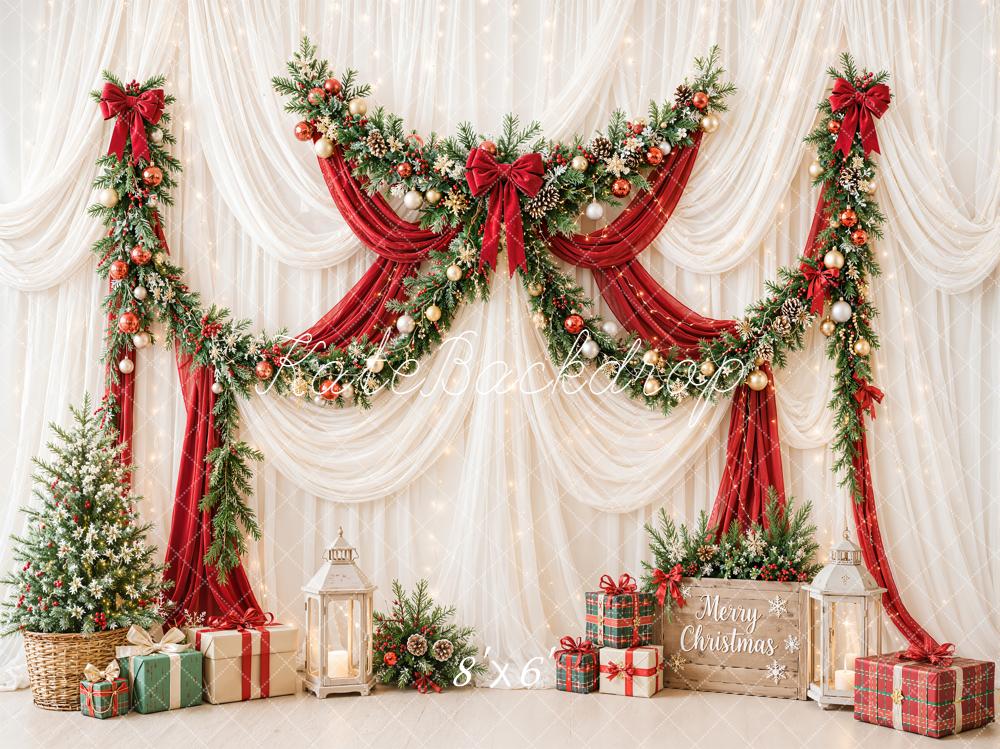 Kate Christmas Garland Red Drapes Presents Fleece Backdrop Designed by Emetselch