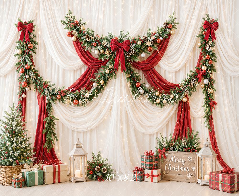 Kate Christmas Garland Red Drapes Presents Fleece Backdrop Designed by Emetselch - Image 3