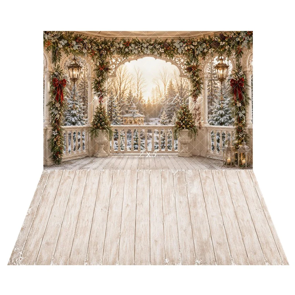 Kate Christmas Gazebo Garland Lanterns Snowy Forest Backdrop+Vintage Wood Plank Texture Backdrop - Image 2