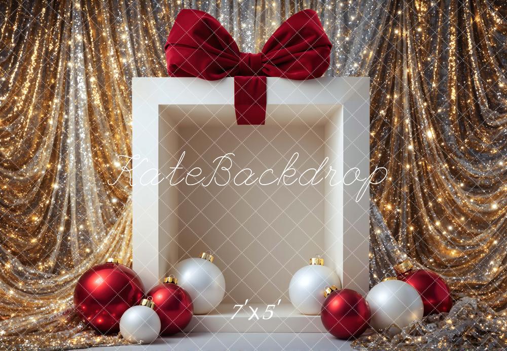 Kate Christmas Gift Box Ornaments Gold Glitter Backdrop Designed by Mini MakeBelieve