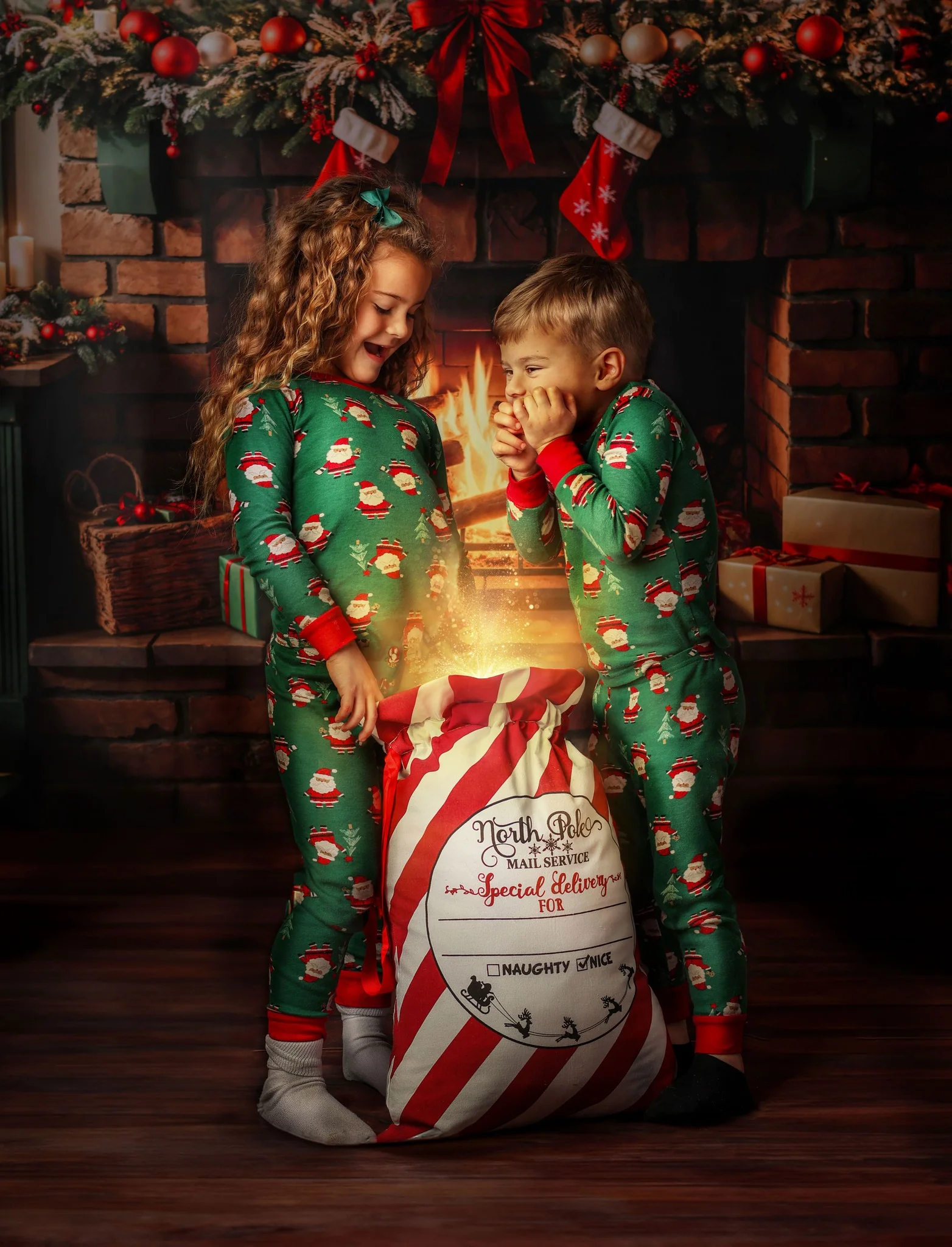 Kate Christmas Green Kitchen Fireplace Backdrop+Brown Wooden Floor Backdrop - Image 3