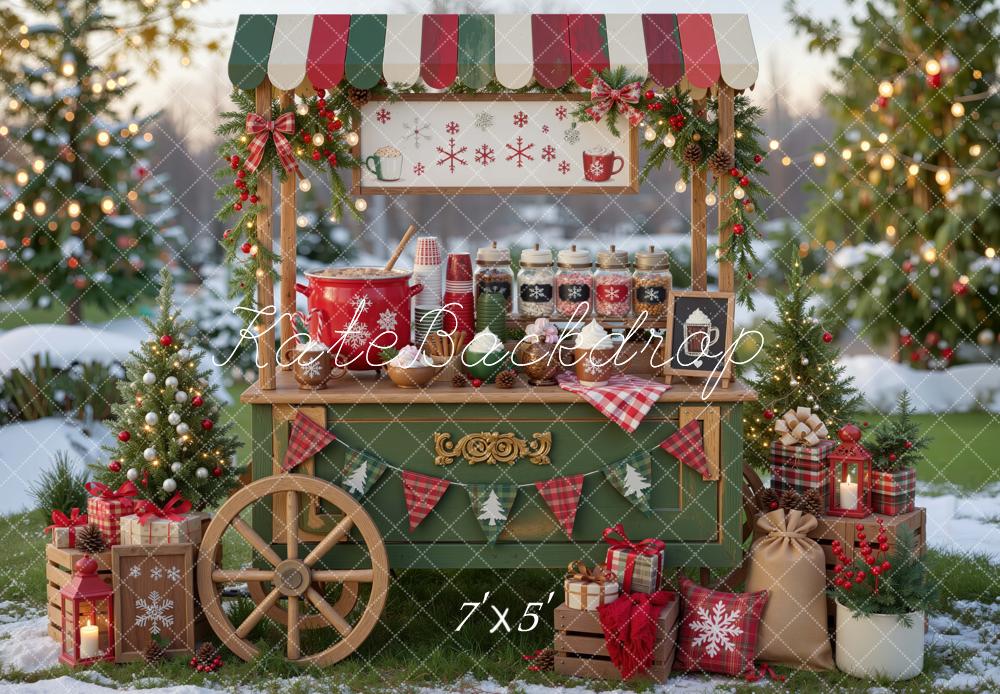 Kate Christmas Hot Cocoa Cart Presents Backdrop Designed by Mini MakeBelieve
