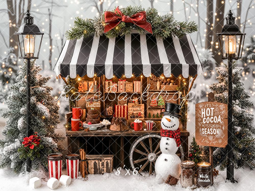 Kate Christmas Hot Cocoa Stand Snowy Trees Fleece Backdrop Designed by Emetselch