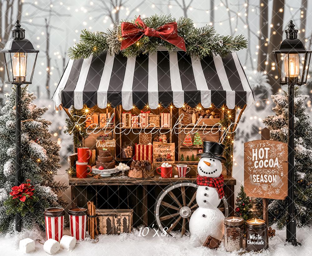 Kate Christmas Hot Cocoa Stand Snowy Trees Fleece Backdrop Designed by Emetselch - Image 3