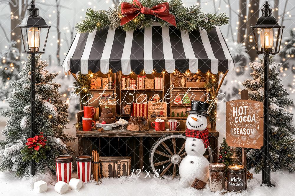 Kate Christmas Hot Cocoa Stand Snowy Trees Fleece Backdrop Designed by Emetselch - Image 4