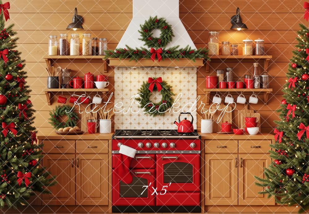Kate Christmas Kitchen Trees Red Accents Backdrop Designed by Patty Robert