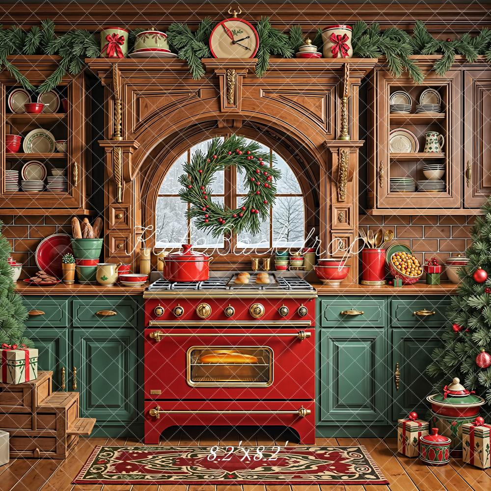 Kate Christmas Kitchen Wreath Decorated Trees Backdrop Designed by Emetselch - Image 5