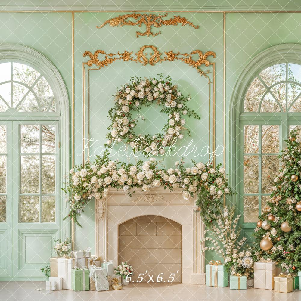Kate Christmas Mint Green Fireplace Tree Backdrop Designed by Emetselch - Image 2