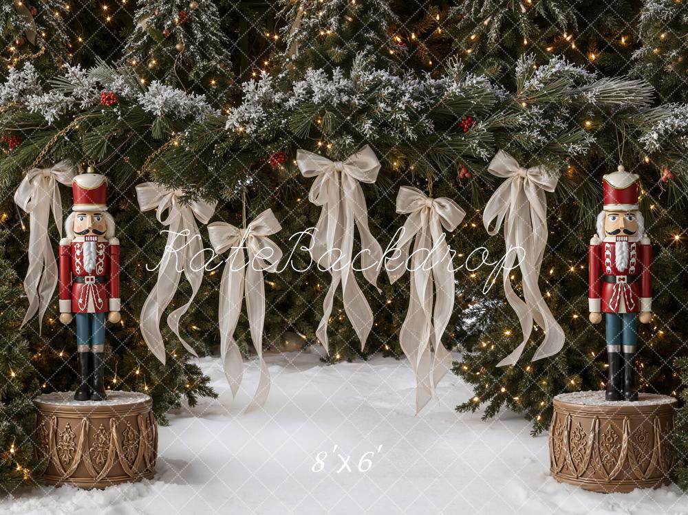 Kate Christmas Nutcracker Evergreen Bows Fleece Backdrop Designed by Emetselch
