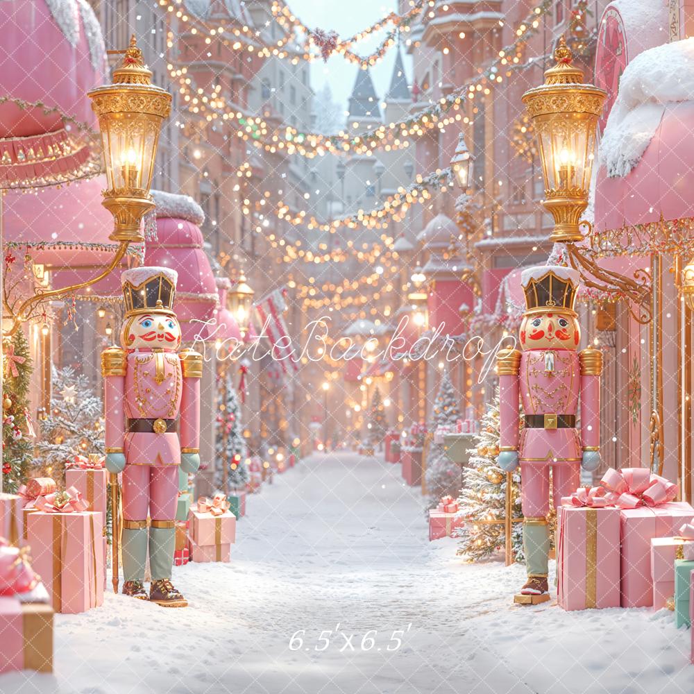 Kate Christmas Nutcracker Pink Gifts Snowy Street Backdrop Designed by Emetselch - Image 2