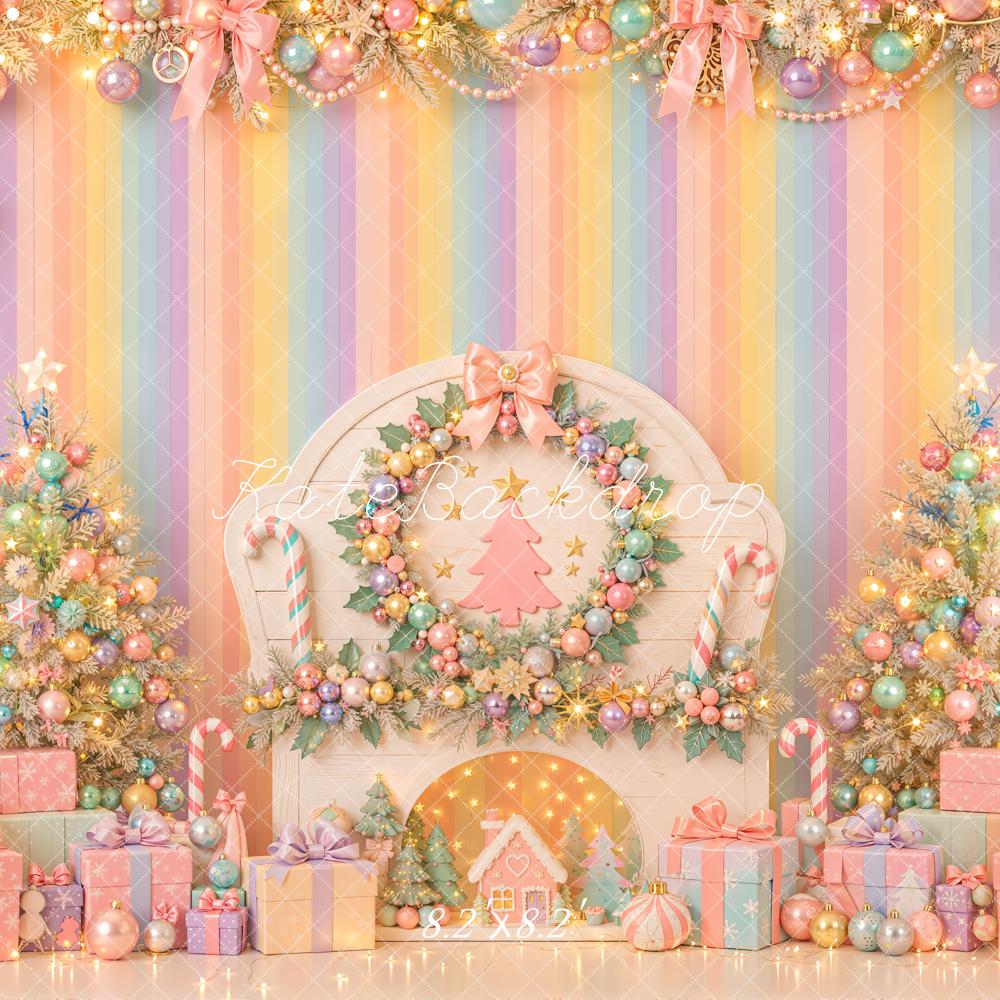Kate Christmas Pastel Fireplace Garland Presents Trees Backdrop Designed by Emetselch - Image 5