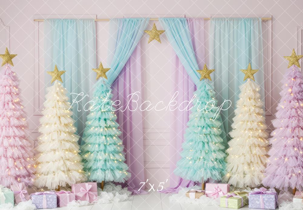 Kate Christmas Pastel Trees Stars Presents Backdrop Designed by Patty Robert