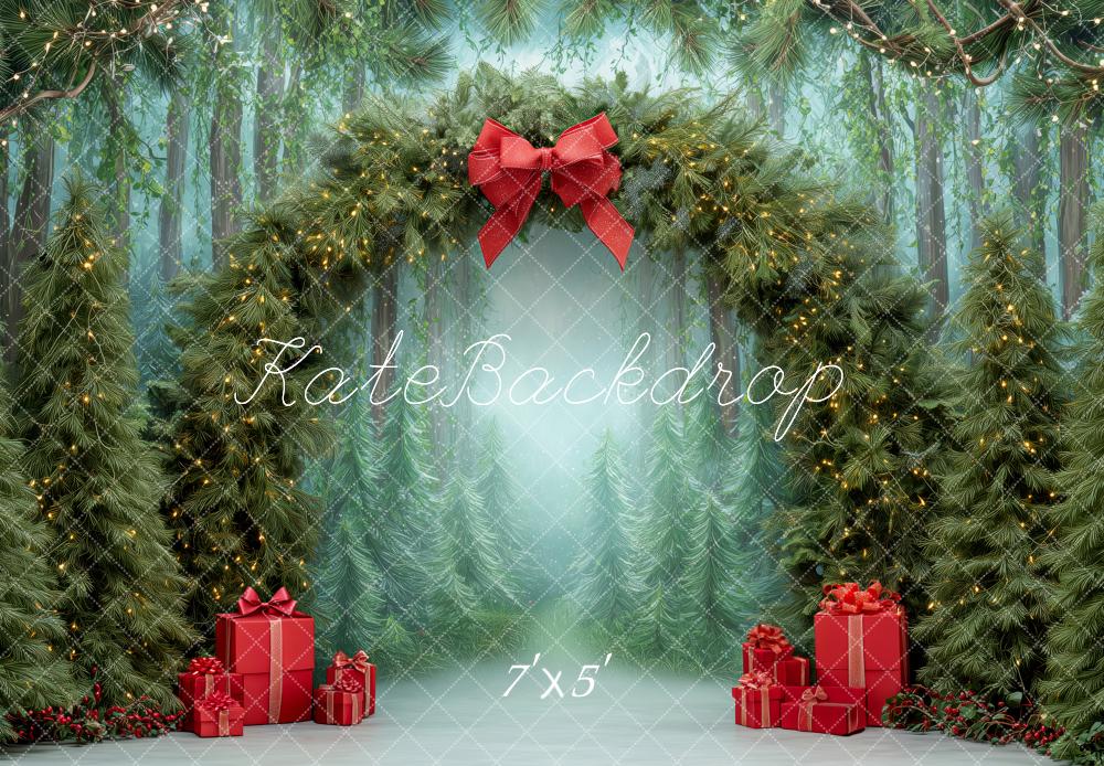 Kate Christmas Pine Arch Red Presents Lights Backdrop Designed by Patty Robert