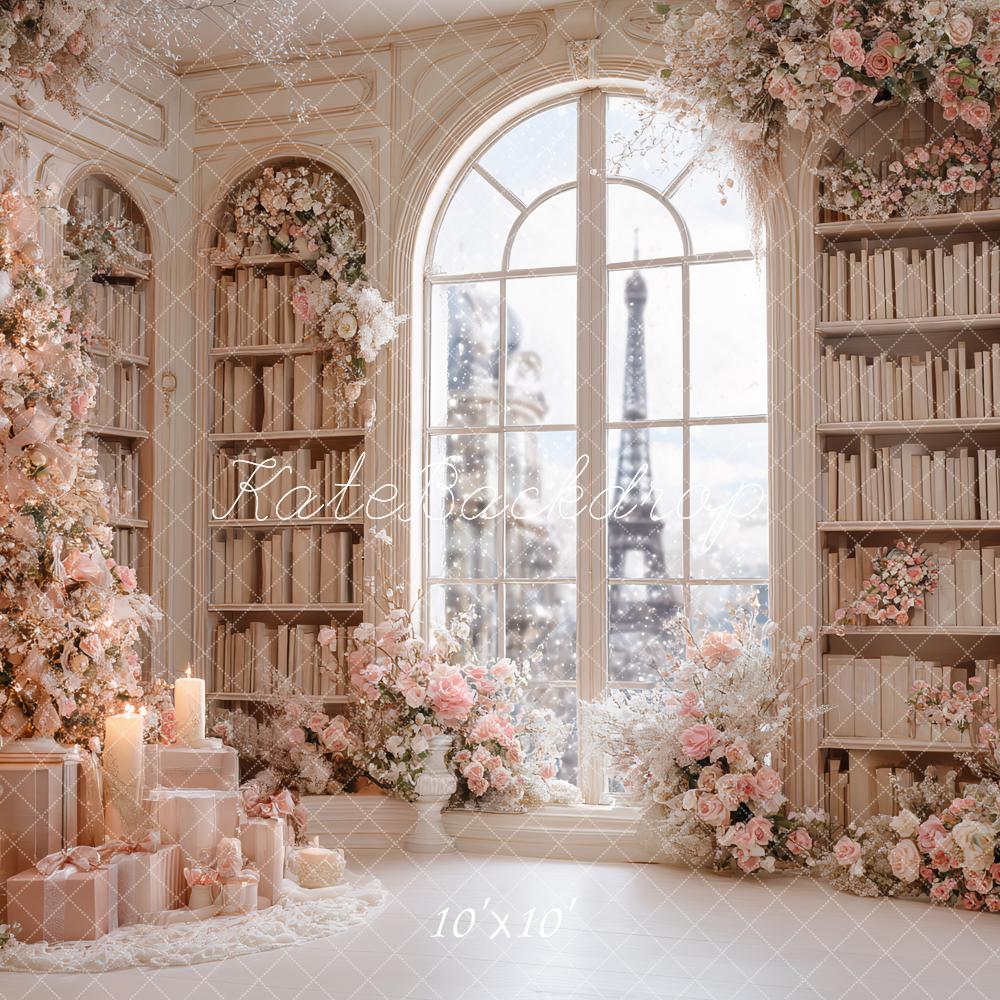 Kate Christmas Pink Floral Bookshelves Window Backdrop Designed by Ashley Paul - Image 7