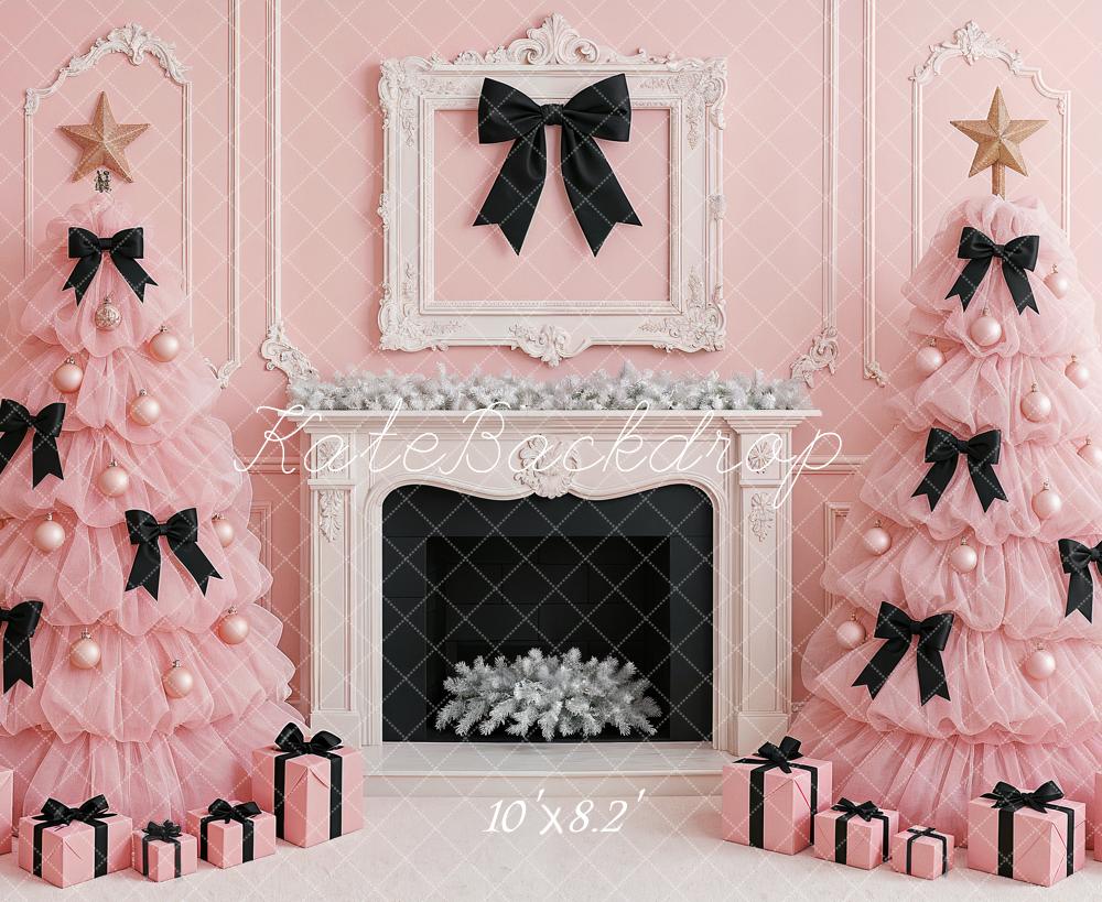 Kate Christmas Pink Trees Black Bows Fireplace Backdrop Designed by Ashley Paul - Image 6