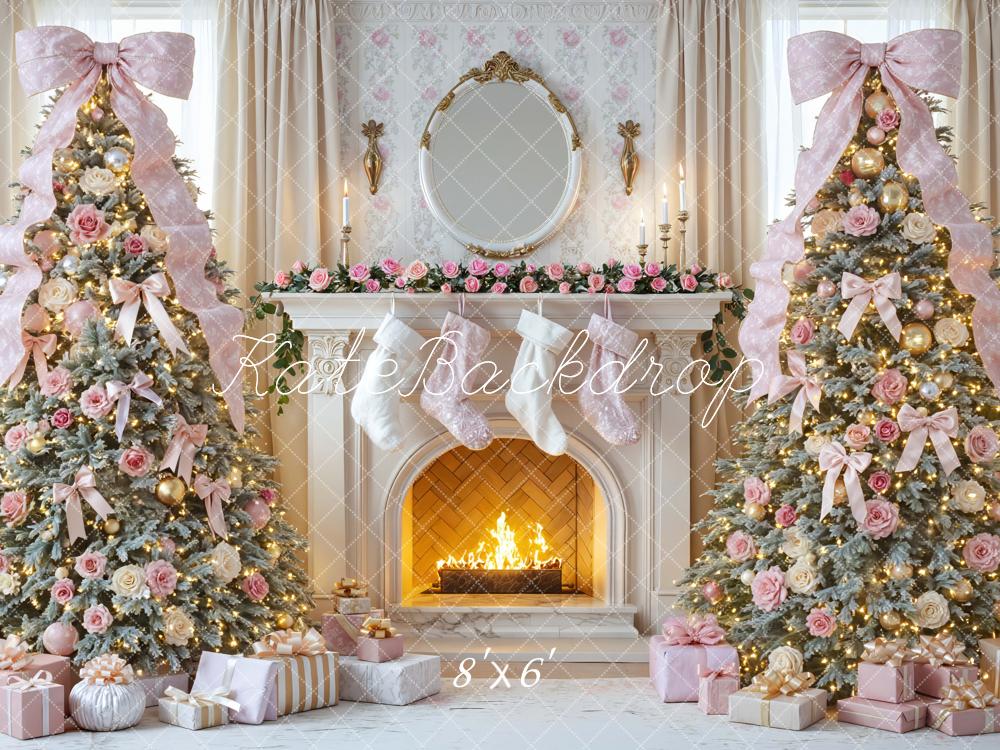 Kate Christmas Pink Trees Fireplace Backdrop Designed by Mini MakeBelieve - Image 3