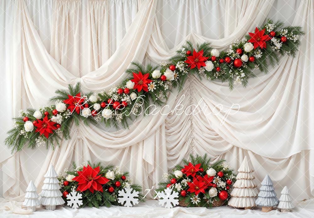 Kate Christmas Poinsettia Garland Cream Drapes Trees Backdrop Designed by Mini MakeBelieve