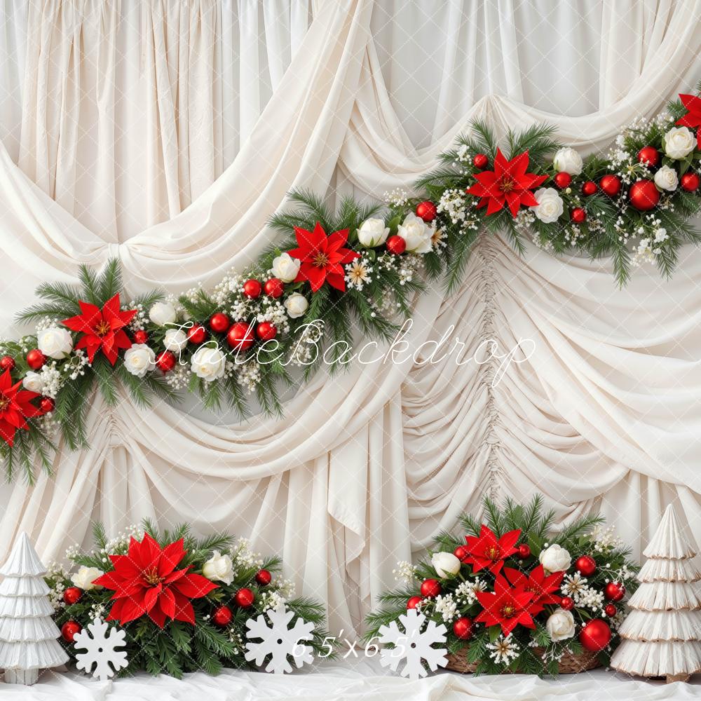 Kate Christmas Poinsettia Garland Cream Drapes Trees Backdrop Designed by Mini MakeBelieve - Image 2
