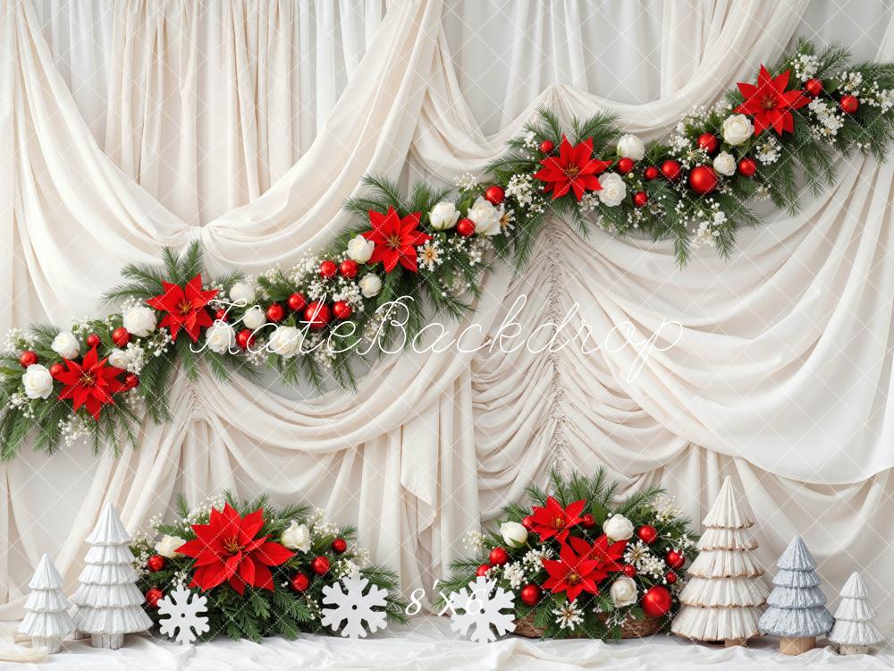 Kate Christmas Poinsettia Garland Cream Drapes Trees Backdrop Designed by Mini MakeBelieve - Image 3
