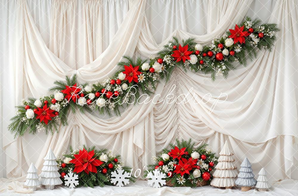 Kate Christmas Poinsettia Garland Cream Drapes Trees Backdrop Designed by Mini MakeBelieve - Image 4