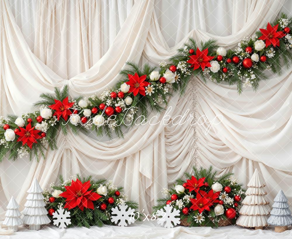Kate Christmas Poinsettia Garland Cream Drapes Trees Backdrop Designed by Mini MakeBelieve - Image 6