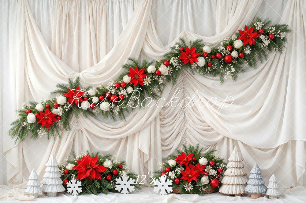 Kate Christmas Poinsettia Garland Cream Drapes Trees Backdrop Designed by Mini MakeBelieve - Image 8