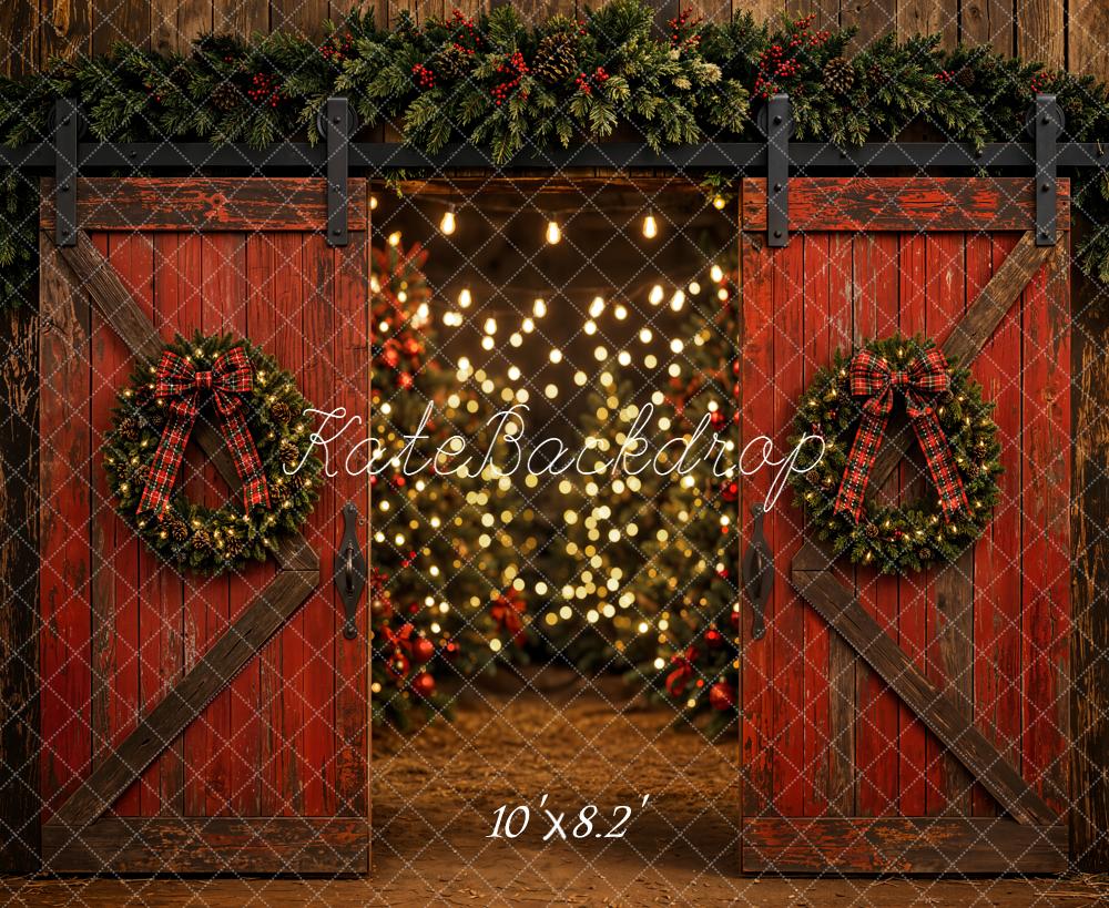 Kate Christmas Red Barn Door Bokeh Lights Backdrop Designed by Emetselch - Image 6