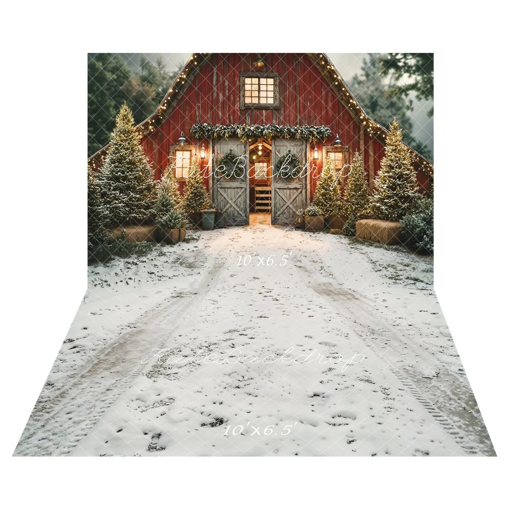 Kate Christmas Red Barn Pine Trees Backdrop+Snowy Ground Tyre Footprints Backdrop - Image 2