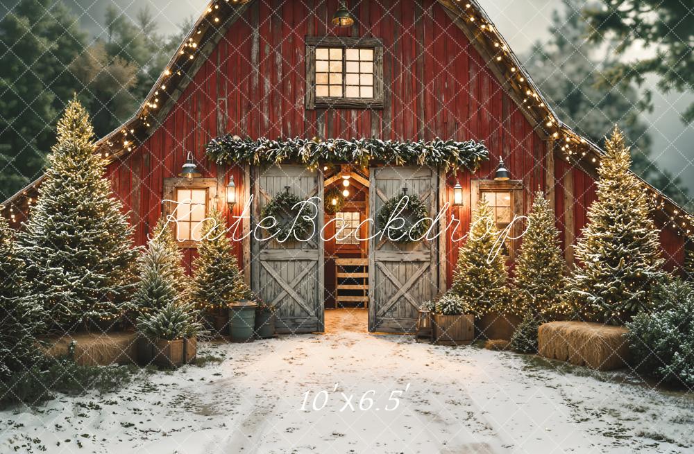 Kate Christmas Red Barn Snowy Pine Trees Backdrop Designed by Emetselch - Image 6