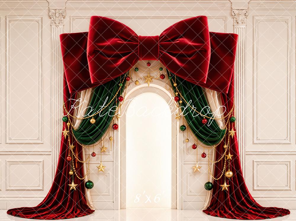 Kate Christmas Red Bow Drapes Gold Stars Fleece Backdrop Designed by Emetselch