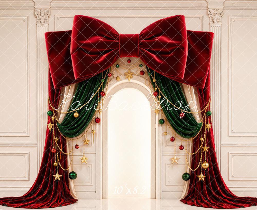 Kate Christmas Red Bow Drapes Gold Stars Fleece Backdrop Designed by Emetselch - Image 3