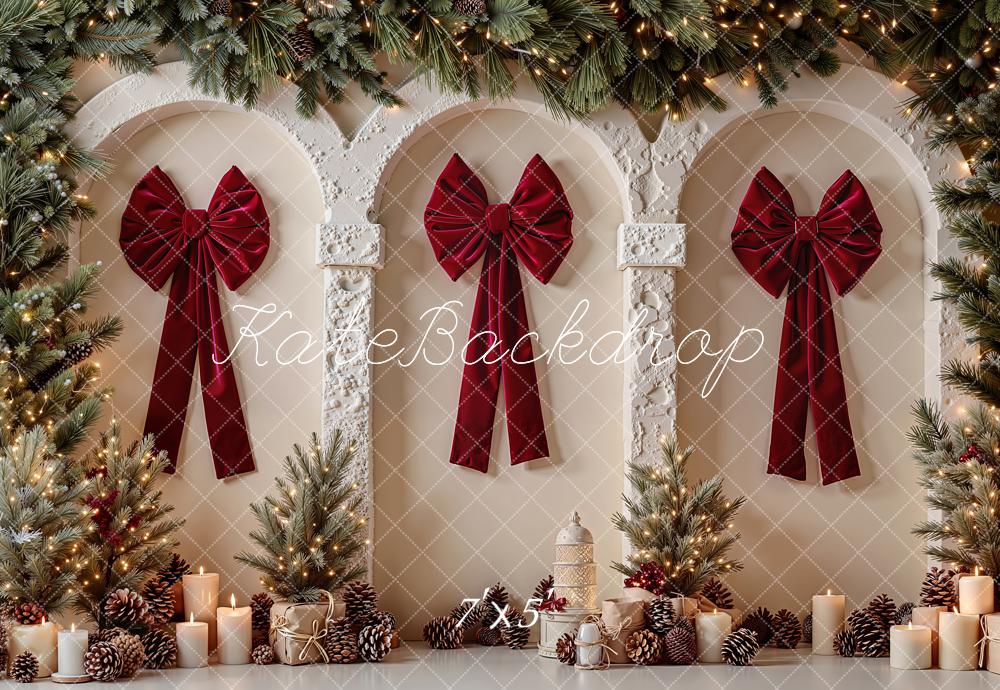 Kate Christmas Red Bows Pine Trees Candles Backdrop Designed by Emetselch