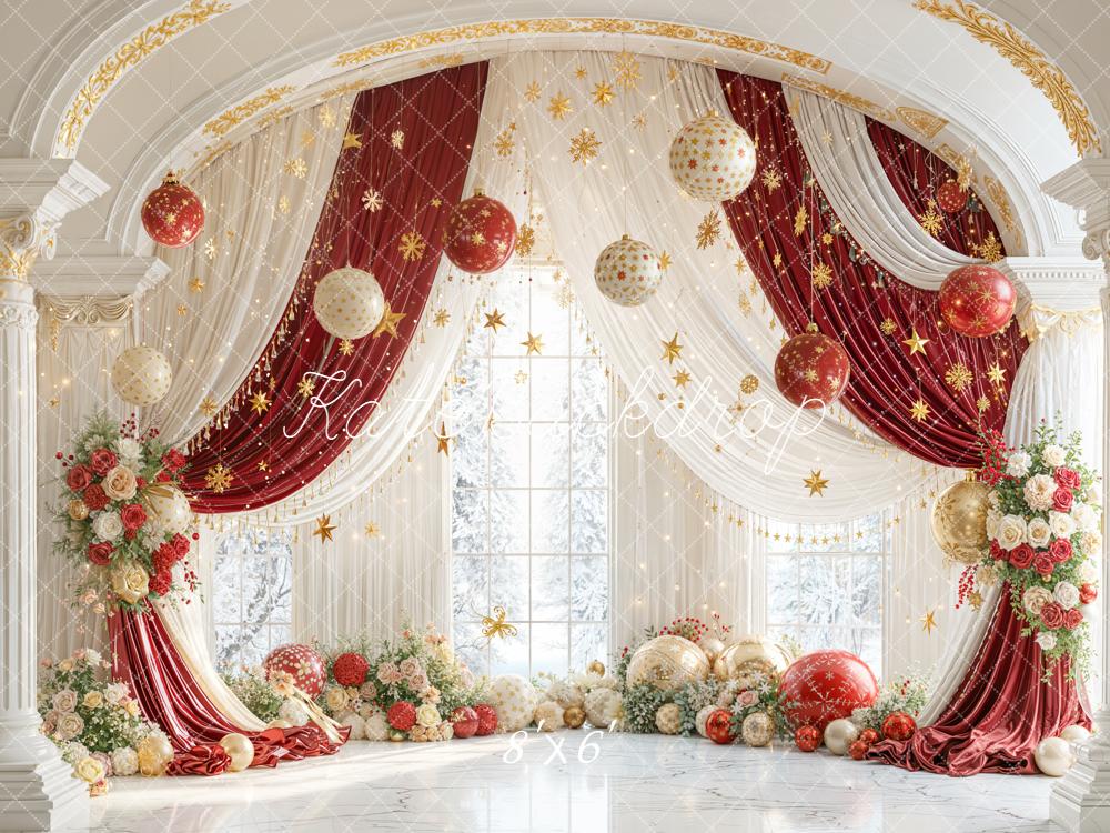 Kate Christmas Red Curtains Gold Ornaments Fleece Backdrop Designed by Emetselch