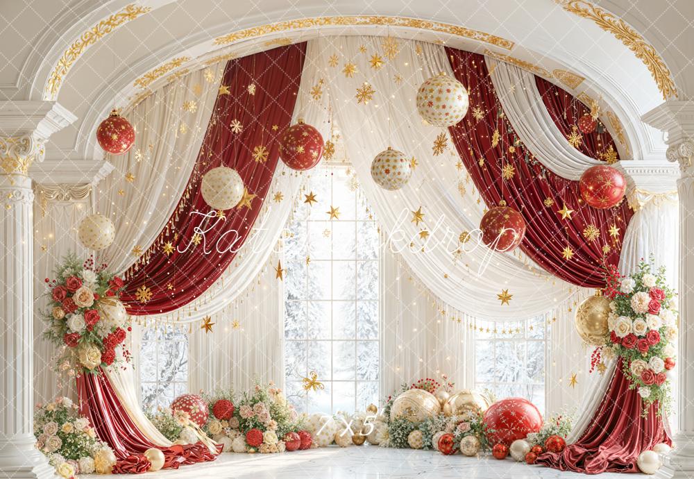 Kate Christmas Red Gold Ornaments Floral Arch Backdrop Designed by Emetselch